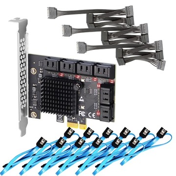 12-portowa karta rozszerzeń PCIe SATA 3.0, kabel SATA i kabel zasilający