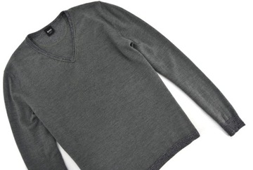 HUGO BOSS sweter męski szary wełna dekolt V-neck serek elegancki L