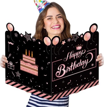 Kartka Happy Birthday duża (B-kartka urodzinowa różowo-czarna)