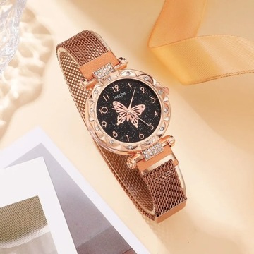 Luksusowy zegarek damski z różowym złotym pierścionkiem naszyjnik kolczyk