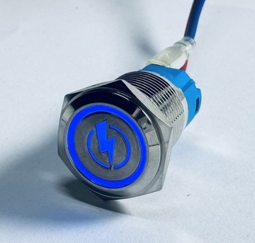 Przycisk metalowy podświetlany symbol zasilania piorun 16mm LED 12V 24V bi
