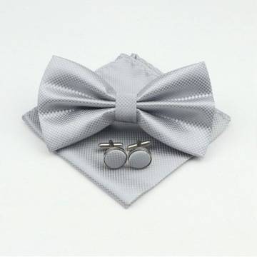 Муха + запонки + нагрудный платок галстук-бабочка серый / серебристый