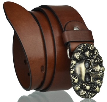 SKÓRZANY PASEK DO SPODNI 4 CM BRĄZOWY MOTOCYKLISTY CZASZKI