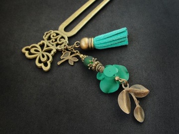 Заколка, заколка, заколка для волос, пучок, зеленая роза, двойная заколка, ручная работа