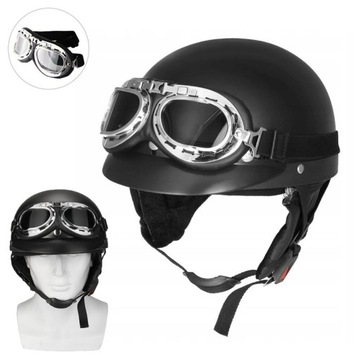 KASK SKÓRZANY MOTOCYKLOWY RETRO OTWARTY HEŁM PÓŁTWARZOWY DO SKUTERA + GOGLE