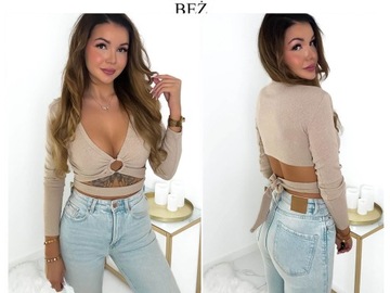 Bluzka damska z długim rękawem CROP TOP z wiązaniem w talii z wycięciami