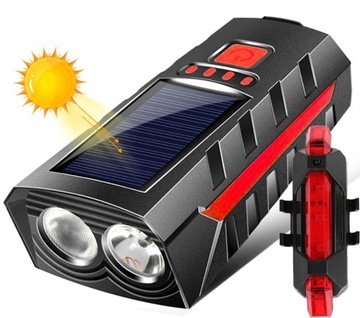 AKUMULATOROWA LAMPKA ROWEROWA PRZÓD + TYŁ USB LED DZWONEK 4w1 MOCNA + SOLAR