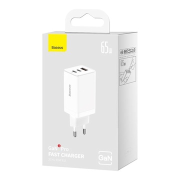 БЫСТРОЕ СЕТЕВОЕ ЗАРЯДНОЕ УСТРОЙСТВО BASEUS, 3 порта USB USB-C, 65 Вт, PD QC 4.0 + КАБЕЛЬ