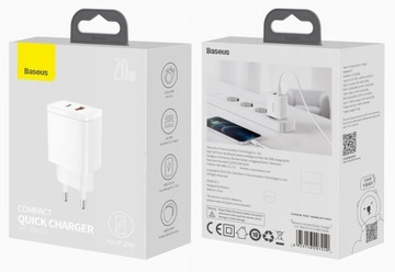 БЫСТРОЕ ЗАРЯДНОЕ УСТРОЙСТВО ДЛЯ ТЕЛЕФОНА BASEUS БЛОК ПИТАНИЯ 2x USB-C USB 20 Вт PD QC 3.0