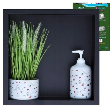 PÓŁKA ŚCIENNA ŁAZIENKOWA WNĘKOWA CZARNA Z KOŁNIERZEM 30x30x10 CM STALOWA