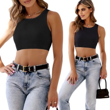 Bluzka damska CROP TOP dopasowany prążkowany na ramiączkach prosty S/M