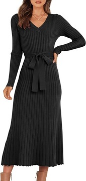 Damska sukienka sweterkowa z długim rękawem, dekoltem w kształcie litery V, wiązaniem w talii, slim fit, elegancka, XXL
