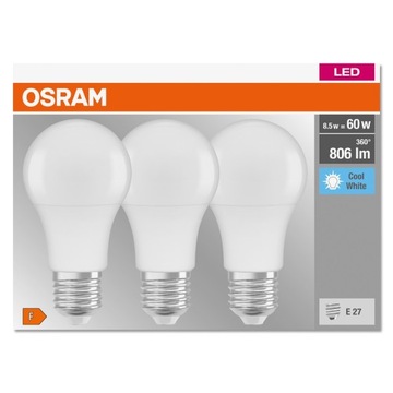 3 светодиодные лампы E27 A60 8,5 Вт 60 Вт 806 лм 4000 К OSRAM