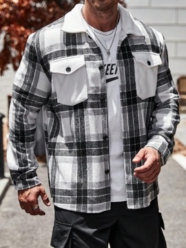 БЕЛАЯ ЧЕРНАЯ ФЛАНЕЛЕВАЯ РУБАШКА С КАРМАНАМИ SHEIN 52