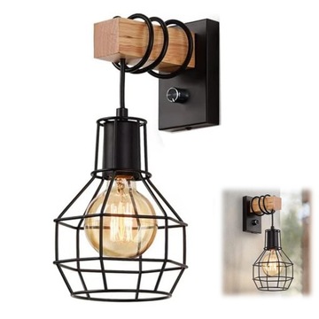 LAMPA KINKIET ŚCIENNY DREWNO LOFT VINTAGE SALON SYPIALNIA SCHODY HOL