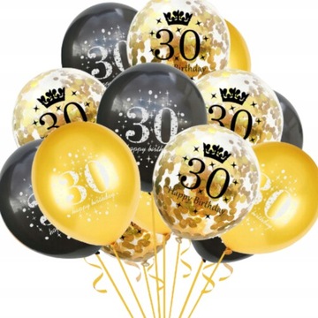 BALONY NA 30 URODZINY TRZYDZIESTKA ZŁOTE CZARNE KONFETTI URODZINY DEKORACJA
