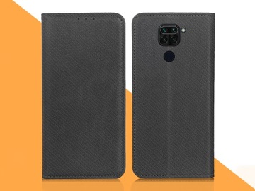 ETUI Z KLAPKĄ DO XIAOMI REDMI NOTE 9 CZARNE ZAMYKANE MAGNETYCZNE + SZKŁO 9H