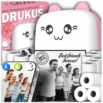 DRUKUŚ MINI DRUKARKA TERMICZNA PRZENOŚNA ZDJĘĆ ETYKIET RÓŻOWA + 11 ROLEK