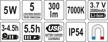 COB LED FLIGHT ПОРТАТИВНЫЙ АККУМУЛЯТОР 5ВТ 100х65х30 ММ МАГНИТ 4 РЕЖИМА YATO