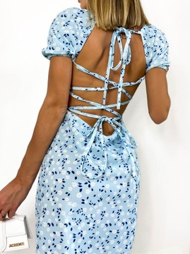 Sukienka MINI odkryte plecy dopasowana rękawy bufki elastyczna modna S/M