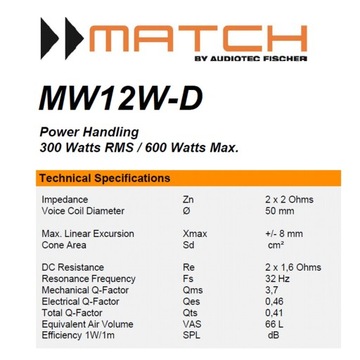 MATCH MW12W-D Сабвуфер 30см 2x2 Ом ПРОМО качество
