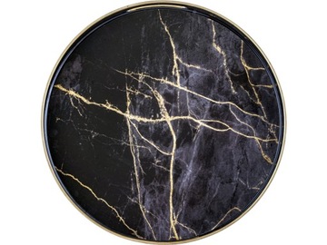 MARMUR Dekoracyjna okrągła TACA 37 x 4 cm Z uchwytami - CZARNO-ZŁOTA