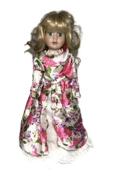 Lalka ceramiczna blondynka 40cm sukienka retro