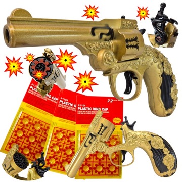 PISTOLET NA KAPISZONY Metalowy Rewolwer Hukowy + Spłonka 3 blistry 216 szt.