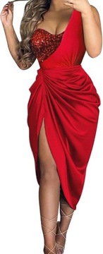 Sukienka asymetryczna czerwona odkryte ramiona Midi rozcięcie cekiny roz. L