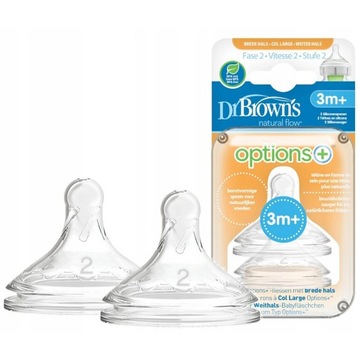 Dr Brown's Smoczek do Butelki Options+ z SZEROKĄ SZYJKĄ 2szt POZIOM 2 3m+