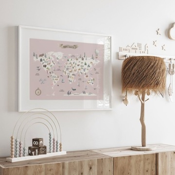 PLAKAT OBRAZ 60x90 MONTESSORI EDUKACYJNY MAPA ŚWIATA ZE ZWIERZĘTAMI RÓŻ