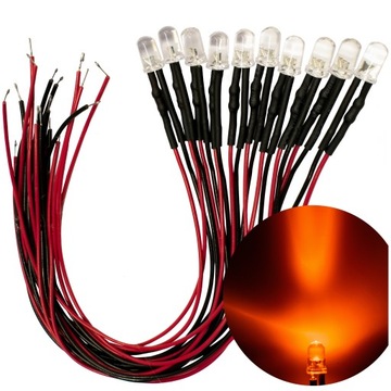 DIODY LED 12V 5mm POMARAŃCZOWE - przewody o długości 20cm | komplet 10 SZT