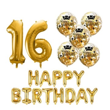 ZESTAW balony HAPPY BIRTHDAY na 16 URODZINY ZŁOTY konfetti
