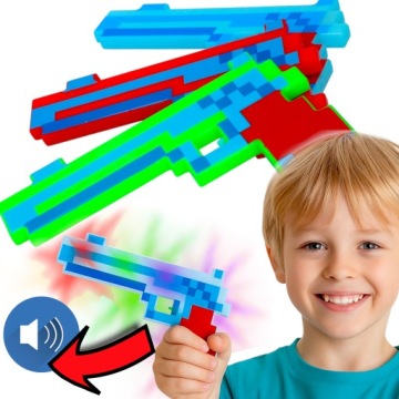 PISTOLET MINECRAFT NA BATERIE PIXEL ŚWIECĄCY + DŹWIĘKI BROŃ Z GRY MAJKRAFT