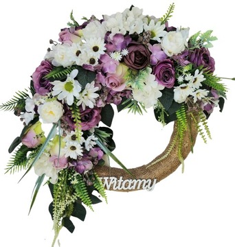 Wianek wiosenny weselny powitalny WITAMY fioletowy na drzwi kwiaty duży43cm