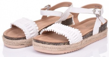 MODNE DAMSKIE SANDAŁY NA PLATFORMIE SKÓRZANE ESPADRYLE BIAŁE