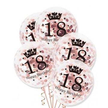 Balony na 18 URODZINY z konfetti rose gold, 5 szt.