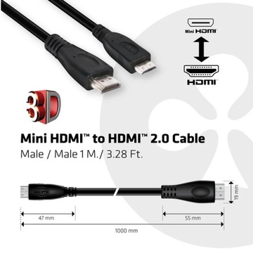 CLUB3D Mini HDMI-HDMI 2.0, 4K, 60 Гц, кабель 1 м/3,2