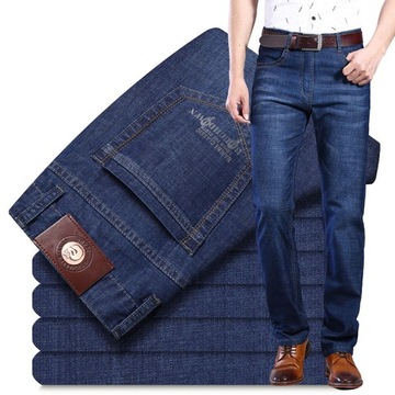 Męskie spodnie jeansowe o prostym kroju, wiele głębokich błękitów 36