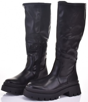 KOZAKI PRZED KOLANO WSUWANE SKÓRZANE DAMSKIE NA PLATFORMIE