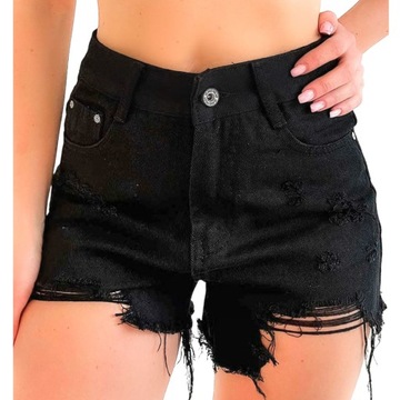 Jeansowe damskie spodenki czarne szorty z przetarciami na lato stan L