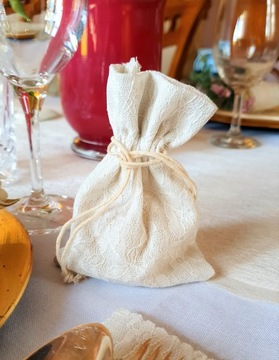 Сумка тканевая с кружевом, кремовая свадьба, 15 см.