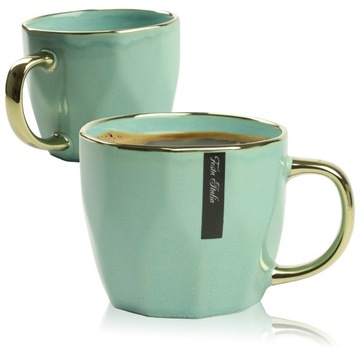 KUBEK PORCELANOWY Z UCHEM 400ML DO KAWY HERBATY MIĘTOWO ZŁOTY