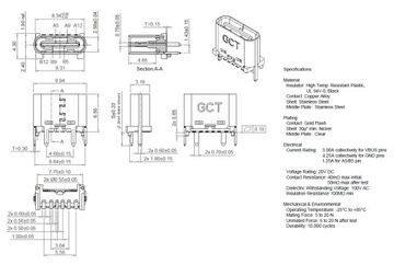 Gniazdo Złącze Pionowe USB-C USB C USB007