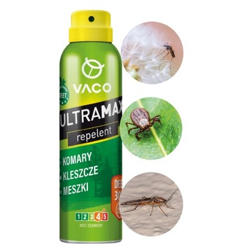 NOWY SPRAY NA KOMARY I KLESZCZE ODSTRASZACZ KOMARÓW 170ml ULTRAMAX VACO