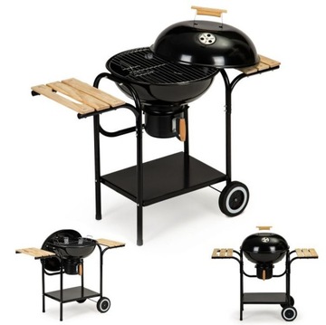 GRILL WĘGLOWY OGRODOWY Z POKRYWĄ METALOWE PÓŁKI NA KÓŁKACH PRZENOŚNY CZARNY