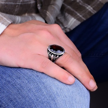 Garnet Stone with Scorpion patterned silver ring, Silver Men Ring