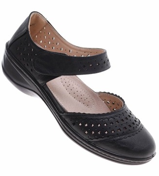 Czarne półbuty damskie Ażurowe buty zapinane na rzepy 16357 41
