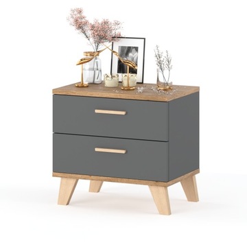 Szafka Nocna Antracyt/Dąb Wotan Stolik Nocny 2szuflady Styl Skandynawski