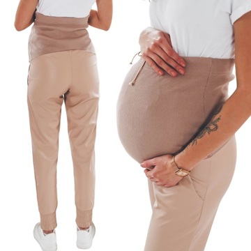 Beżowe damskie spodnie ciążowe imitacja skóry L